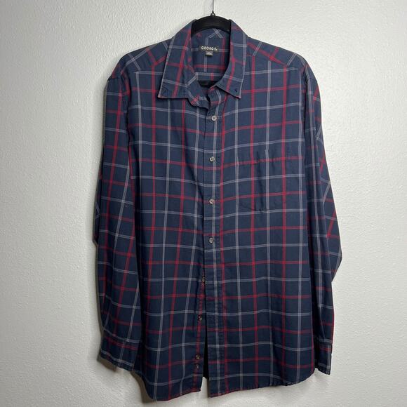 George Dark Navy Plaid Button Up Shirt Collared Pockets Long Sleeve Sz L / 42-44 - Picture 1 of 4